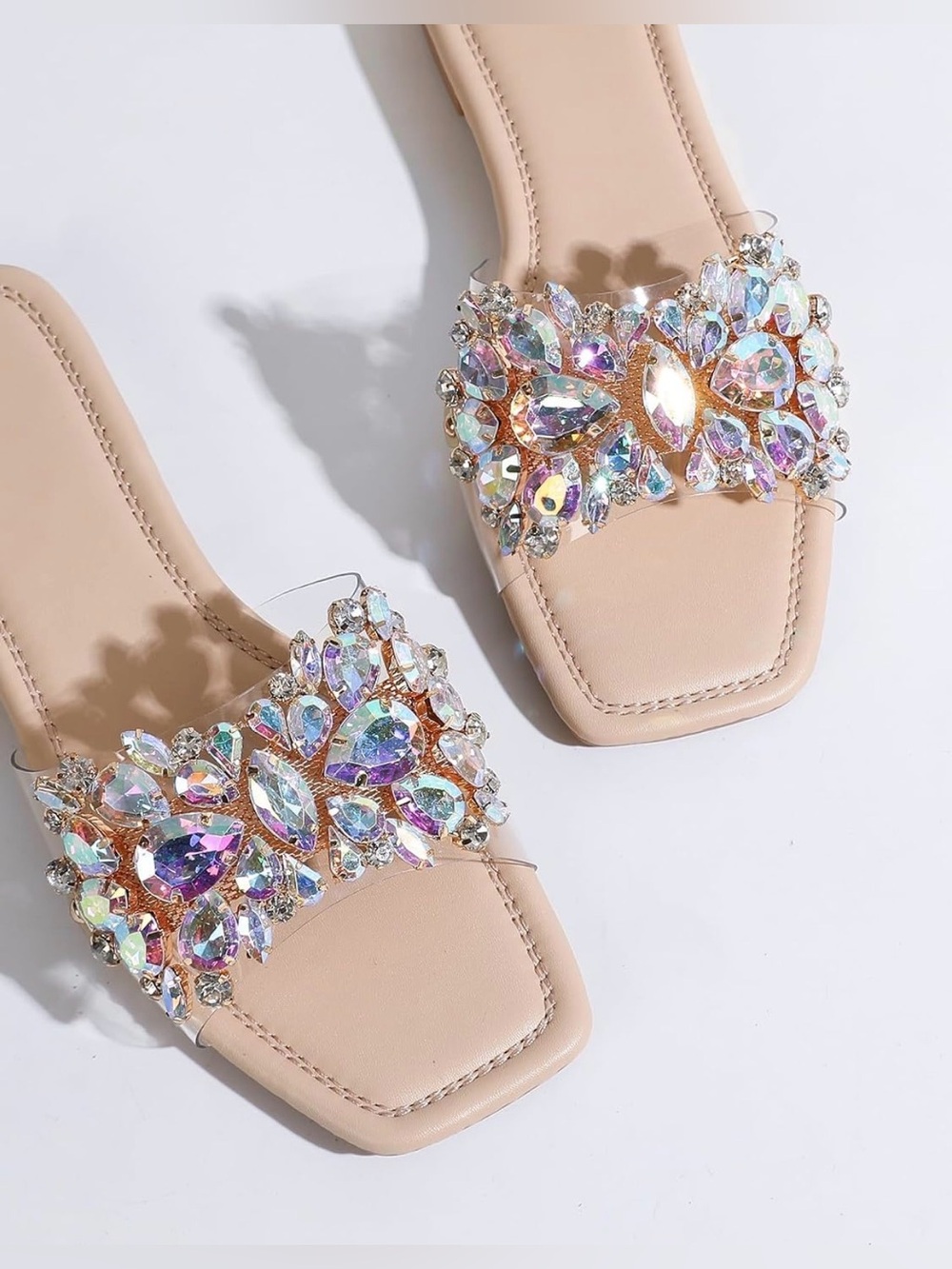Women's Rhinestone Clear Flat Sandals Square Toe Slide Sandals Size 40